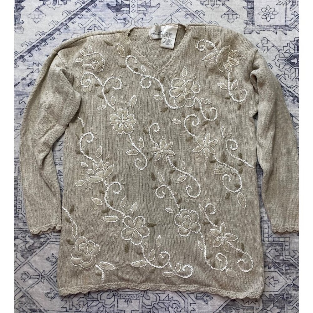 Vintage Kathie Lee Womens Beige Floral Embroidered Knit Sweater Size Large